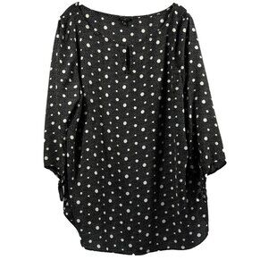 Talbots Women's Top Size 1X Plus Black White‎ Dot Peep Neckline 3/4 Tie Sleeves